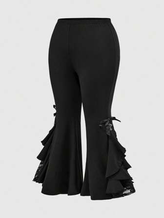 Goth Pantalones acampanados de talla grande con lazo de encaje y colgante cruzado gótico