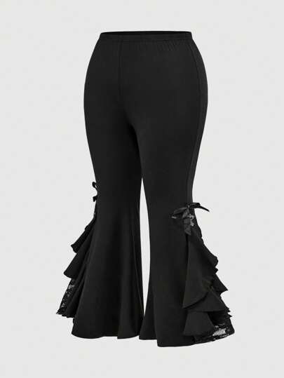 Goth Pantaloni larghi con gamba ampia, con fiocco in pizzo e pendente a croce gotico, di taglie comode