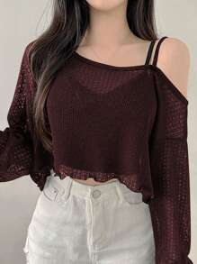 DAZY Women's Asymmetric Asymmetrical Shoulder T-Shirt, Minimalist Fashion Design Suitable For Summer Long Sleeve Women Tops,Fall Women Clothes Crop Women Tops