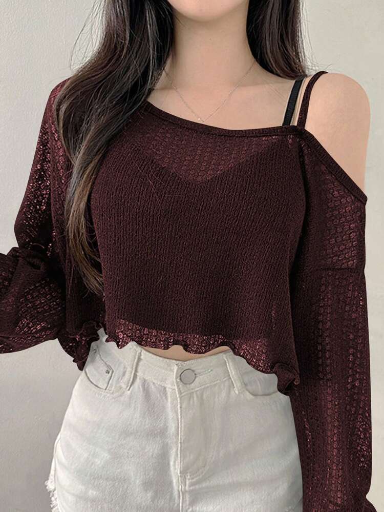 Women's Asymmetric Asymmetrical Shoulder T-Shirt, Minimalist Fashion Design Suitable For Summer Long Sleeve Women Tops,Fall Women Clothes Crop Women Tops