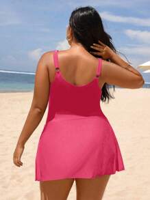 Swim Lushoire 大码女式纯色侧抽绳休闲连体泳衣 - 玫紅色 - 查看 2