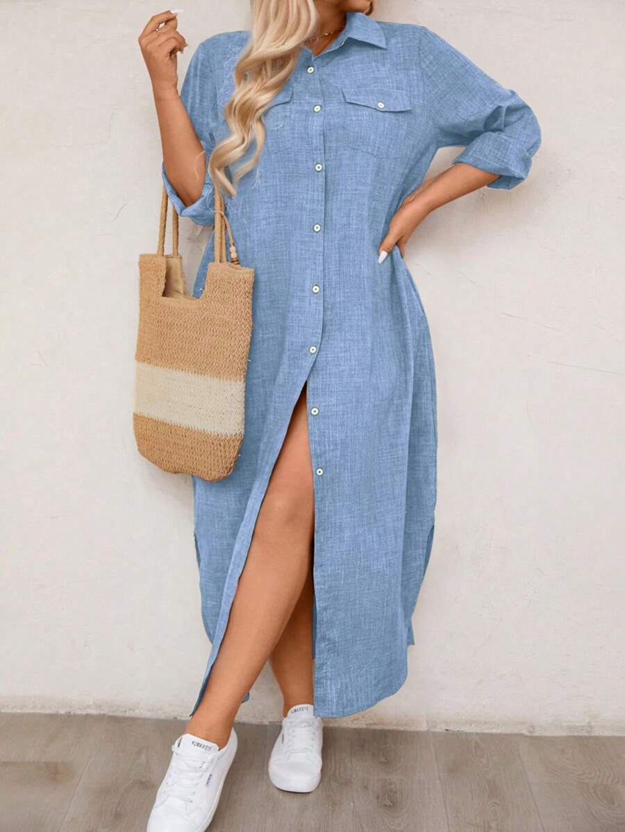 EMERY ROSE 大码纯色前排扣宽松休闲连衣裙长款女装