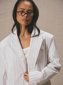 MUSERA Oversized Striped Linen Faux Pocket Detail Blazer Only Spring Summer Cute Vacation Elegant Business Casual Graduation Prom Wedding Guest Birthday Old Money Work - Multicolor - View 6