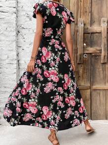 Breezaya Floral Print Butterfly Sleeve High Low Hem Dress Maxi Women Outfit - Black - View 2