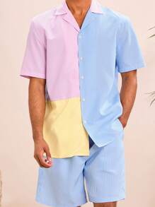 Manfinity VCAY Bộ 2 sản phẩm/Bộ áo sơ mi kẻ sọc tay ngắn dệt đơn giản trẻ trung hàng ngày cho nam và quần short cạp chun viền thẳng - Nhiều màu - Xem 1