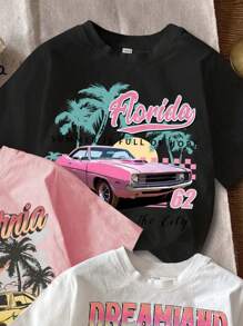 SHEIN EZwear 3pcs/Set Casual Retro American Western Car Landscape Design Round Neck Loose Fit Short Sleeve T-Shirt,Slightly Sheer Suitable For Summer Women Suitable For Going Out - Multicolor - View 5