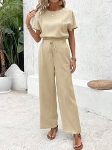 SHEIN Frenchy 2pcs Women's Casual Solid Color Round Neck Short Sleeve T-Shirt And Long Pants Set, Minimalist Style, Suitable For Summer,Summer Sets