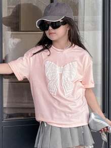 DAZY Tween Girl Round Neck Knit Short Sleeve Butterfly Print T-Shirt, Spring/Summer, Back To School Clothes - Pink - View 4