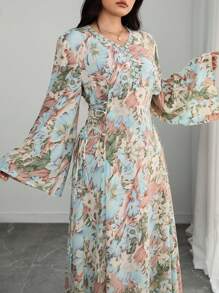 Modelyn Plus Size Woven Floral Print Long Sleeve Tie-Waist Ruffle Trim A-Line Dress Fall Cloth For Women