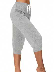 Plus Size Women's Drawstring Waist 3/4 Casual Pants, Versatile - Light Grey - View 3