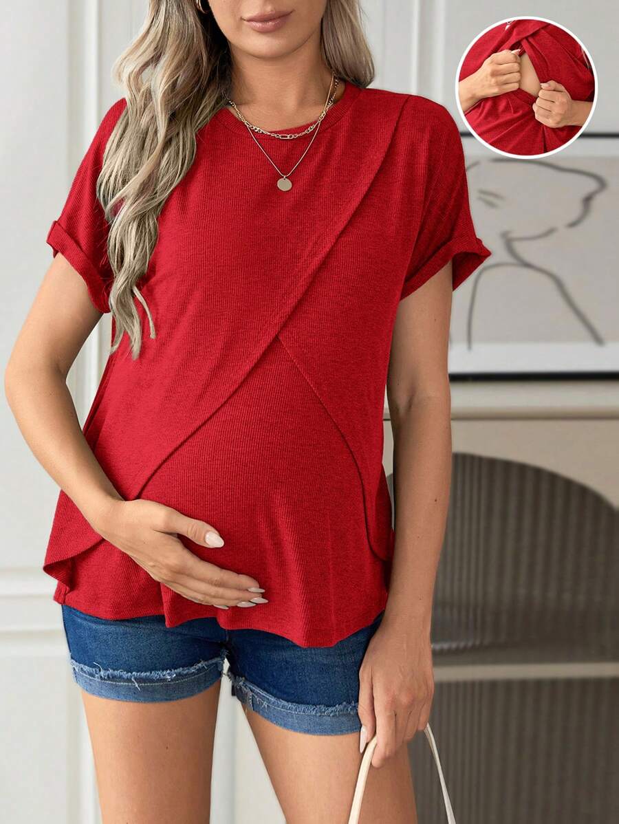 SHEIN 孕妇纯色圆领短袖哺乳T恤，简约时尚，适合夏季 - 紅色 - 查看 1