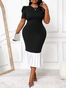 SHEIN Lady Váy midi dài tay xếp ly đuôi cá màu đen thanh lịch cho mùa xuân và mùa hè cỡ lớn - Đen và trắng - Xem 6
