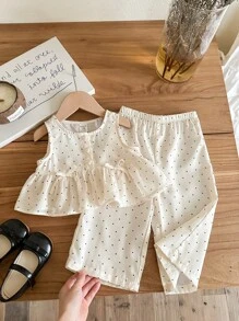 SHEIN LMoss Kids Babygirl Casual Cute Summer Polka Dot Sleeveless Top And Elastic Waist Pants Set