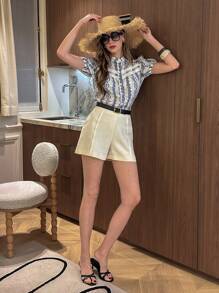 Pariaura Casual Shirt With Ruffle Collar, Printed, And Short Puff Sleeves