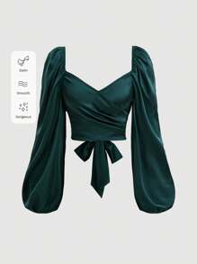 SHEIN MOD Plus Size Women's Wrapping Style Shirts With Lantern Sleeves, Made Of Jacquard Fabric