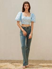 Aveloria 女装2025春夏新款欧美时尚女孩减龄百搭可爱泡泡袖宽领收腰修身短款上衣撞色蝴蝶结刺绣细节 - 藍色 - 查看 3