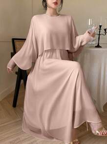 DAZY 女士雪纺中长款派对连衣裙，春秋季优雅长袖连衣裙 - 卡其色 - 查看 1