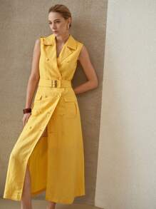 MOTF PREMIUM LINEN BELTED DOUBLE BREASTED DRESS