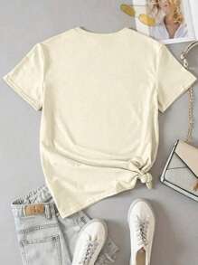 SHEIN LUNE Plus Size Women Letter & Figure Graphic Print Round Neck Short Sleeve Casual T-Shirt