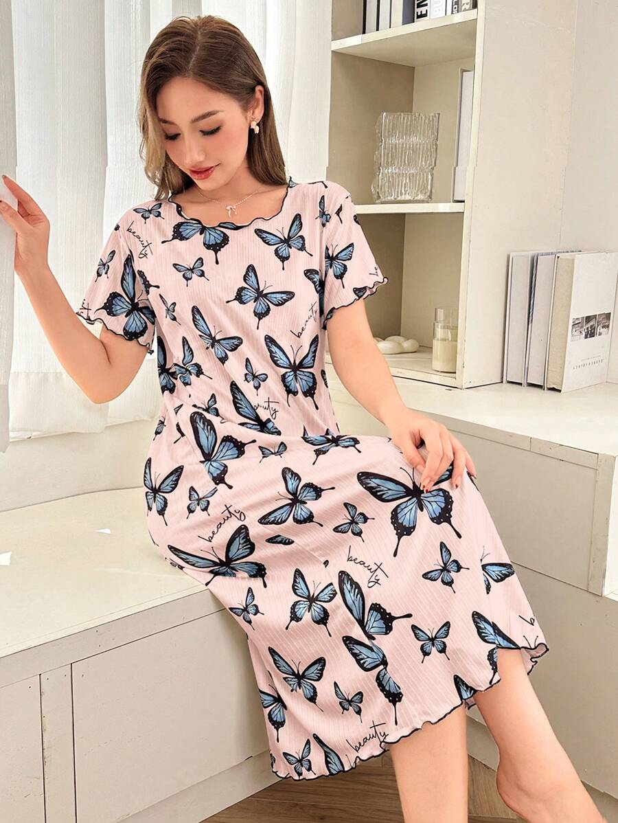 Dream Adore 蝴蝶印花短袖睡袍，睡裙适合夏季