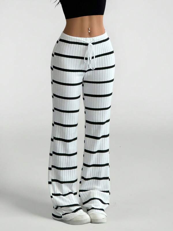 SHEIN PETITE Pantaloni casual de damă, cu coaste, cu șnur, pentru primăvară/toamnă