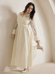 Anewsta Đầm dài tay cổ bẻ họa tiết hoa thanh lịch cỡ lớn cho kỳ nghỉ - Màu be - Xem 3