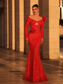 Glamrae Elegant Red Sequined Fabric Handmade Three-Dimensional Flower Chest Hollow Long Sleeve Fishtail Dress,Ladies Formal Dinner Evening Party Wedding Gown - Red - View 6