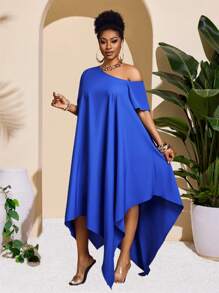 Slaydiva 2025 New Rave/Easter Outfit, Women Old Money Style, Country Concert Outfit, Going Out Outfit, Fairycore, Festival Outfit, Tropical Vacation, Women Summer Outfit, Summer Rave, European Summer, Spring Outfit, Western Wear For Plus Size Women, Concert, Graduation Outfit, Versatile Daily Casual Minimalist Sexy/Extremely Simple One-Shoulder Short Sleeve Loose Sleeveless Asymmetrical Hem Women Dress - ZZ - Blue - View 6