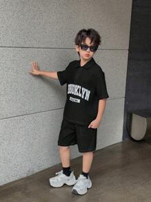 Tween Boy Casual Loose Korean Style Solid Color Letter Print Short Sleeve Polo Shirt With Drawstring Waist Shorts Set, Suitable For Spring/Summer Daily Wear, School, Travel And Sports