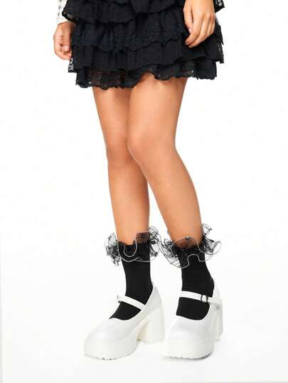 Kawaii 1 Pair Women All-Season Plain Color Lace Trim Reversible Mid-Calf Socks