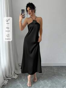 Selianne 优雅挂脖式 3D 花卉装饰腰部收腰缎面连衣裙长款女装 - 黑色 - 查看 7