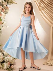 Robe demoiselle d'honneur pour préadolescentes à col en V sans manches avec grand nœud au dos, coupe évasée, courte devant longue derrière, robe de demoiselle d'honneur de luxe pour mariage, anniversaire, représentation - Bleu azur - Voir 3