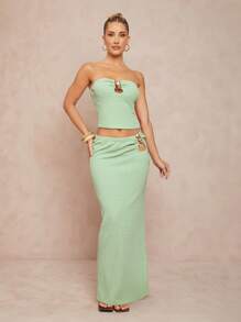 Lumalex Light Green Summer Seksi Chic Vacation Women Elegant Solid Bandeau Top And Extra Long Skirt 2pcs/Set,Bohemian BOHO Beach Outfits For Wedding Banquet - Green - View 4