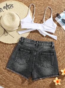 Soleia Shorts vaqueros para mujer, shorts ajustados casuales de vacaciones, shorts occidentales de verano de estilo rave festival Y2K negros para shorts negros de verano, shorts vaqueros para mujer, shorts de culo alto de cintura alta - Negro - Ver 9
