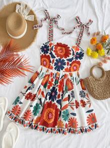 Soleia Women Holiday Colorful Floral Retro Print Tie Waist Bow Accent Flared A-Line Mini Dress, Suitable For Party, Music Festival, Afternoon Tea - Multicolor - View 4