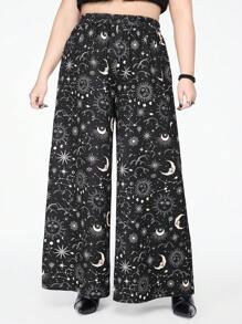 ROMWE Goth Plus Size Loose Mystic Star & Moon Printed Wide Leg Pants - Black - View 6