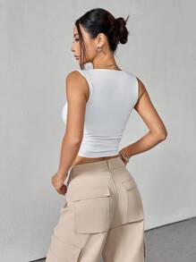 SHEIN PETITE Women's Solid Color Round Neck Pleated Cropped Fitted Tank Top - White - View 2