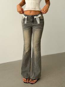 Aloruh Women's Sexy Elegant Low Waist Handmade Lace Bow Decor Slim Fit Flared Leg Jeans - Light Grey - View 6
