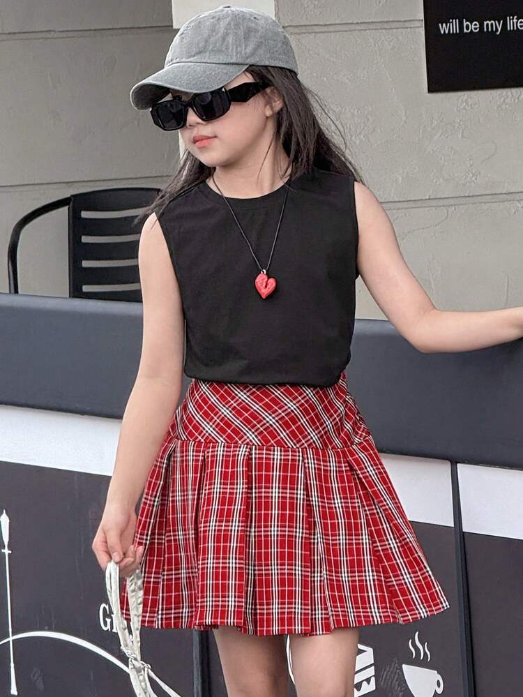 2pcs/Set Tween Girl Round Neck Knitted Sleeveless T-Shirt + Plaid Skirt, Summer Tween Girl Outfits
