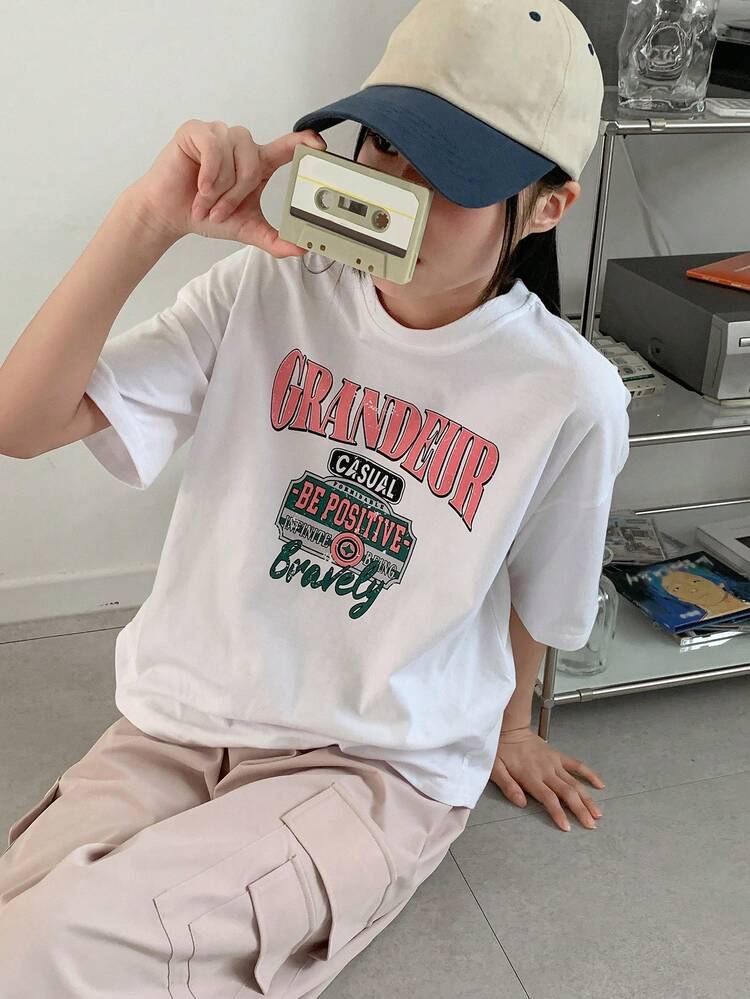 Tween Girl Round Neck Short Sleeve Letter Print Casual T-Shirt Summer,Back To School Clothes