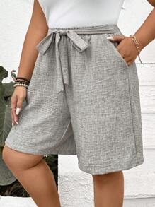 SHEIN LUNE Plus Size Women's Solid Color Waist Tie Pocket Casual Shorts Spring For Women Summer Summer Easter Women Western Wear Women Summer For Women Vacation Summer Women Shorts - Grey - View 5