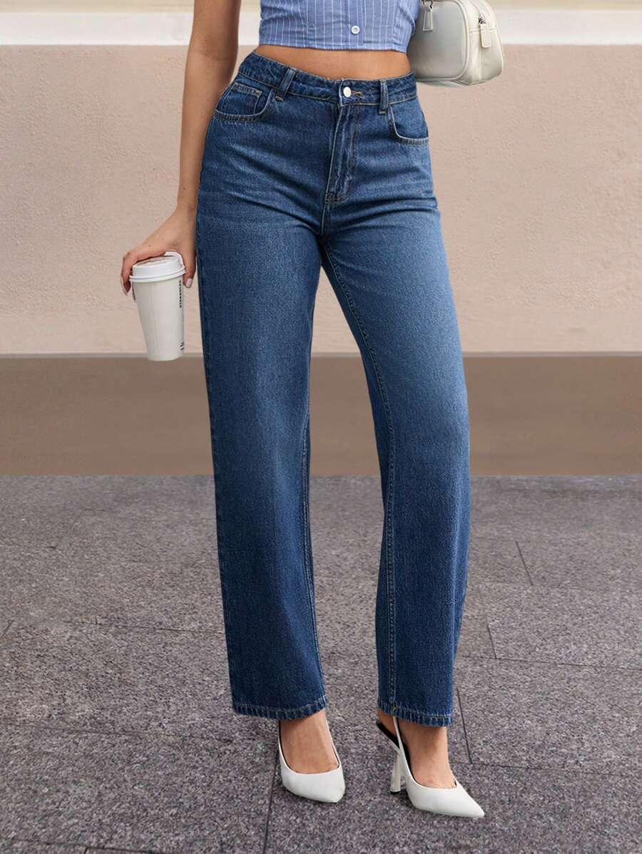 RueChic 100% 纯棉高腰直筒牛仔裤 - 中等水洗藍 - 查看 1