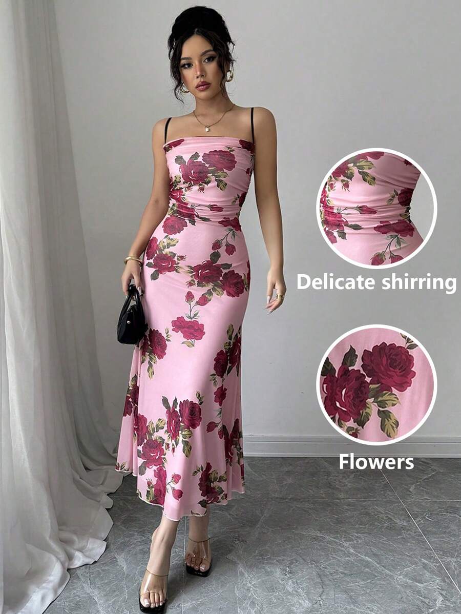 Chiquease Women's Spring And Summer Floral Print Suspender Slim Fit Mesh Bouquet Pattern A-Line Ladies Spaghetti Strap Midi Dress - Multicolor - View 1