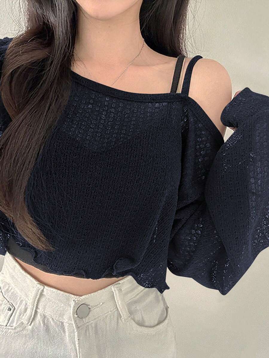 DAZY 女式不对称肩部不对称 T 恤，简约时尚，适合夏季长袖女上衣、秋季女装短款女上衣 - 藏蓝色 - 查看 1