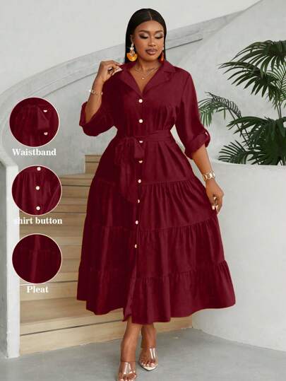 Maweii فستان طويل للسيدات ذوات الأحجام الكبيرة بياقة V وأمام متزرر بأكمام طويلة وحزام، مزين بطيات علوية عند الذيل، إطلالة أنيقة للسيدات