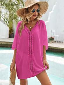 SHEIN VCAY Women's Solid Color Casual Cover Up, Suitable For Summer - Hot Pink - View 5