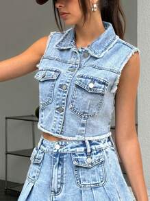 SHEIN EZwear 女士单扣磨边休闲牛仔背心 - 藍色 - 查看 5