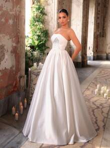 Glamrae 优雅奢华缎面荷叶边长裙，配珍珠和水钻设计，适合婚礼、单身派对、度假 - 米色 - 查看 7