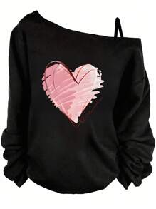SHEIN Essnce Casual Heart Pattern Spaghetti Strap Long Sleeve T-Shirt For Women, Suitable For Spring - Black - View 1