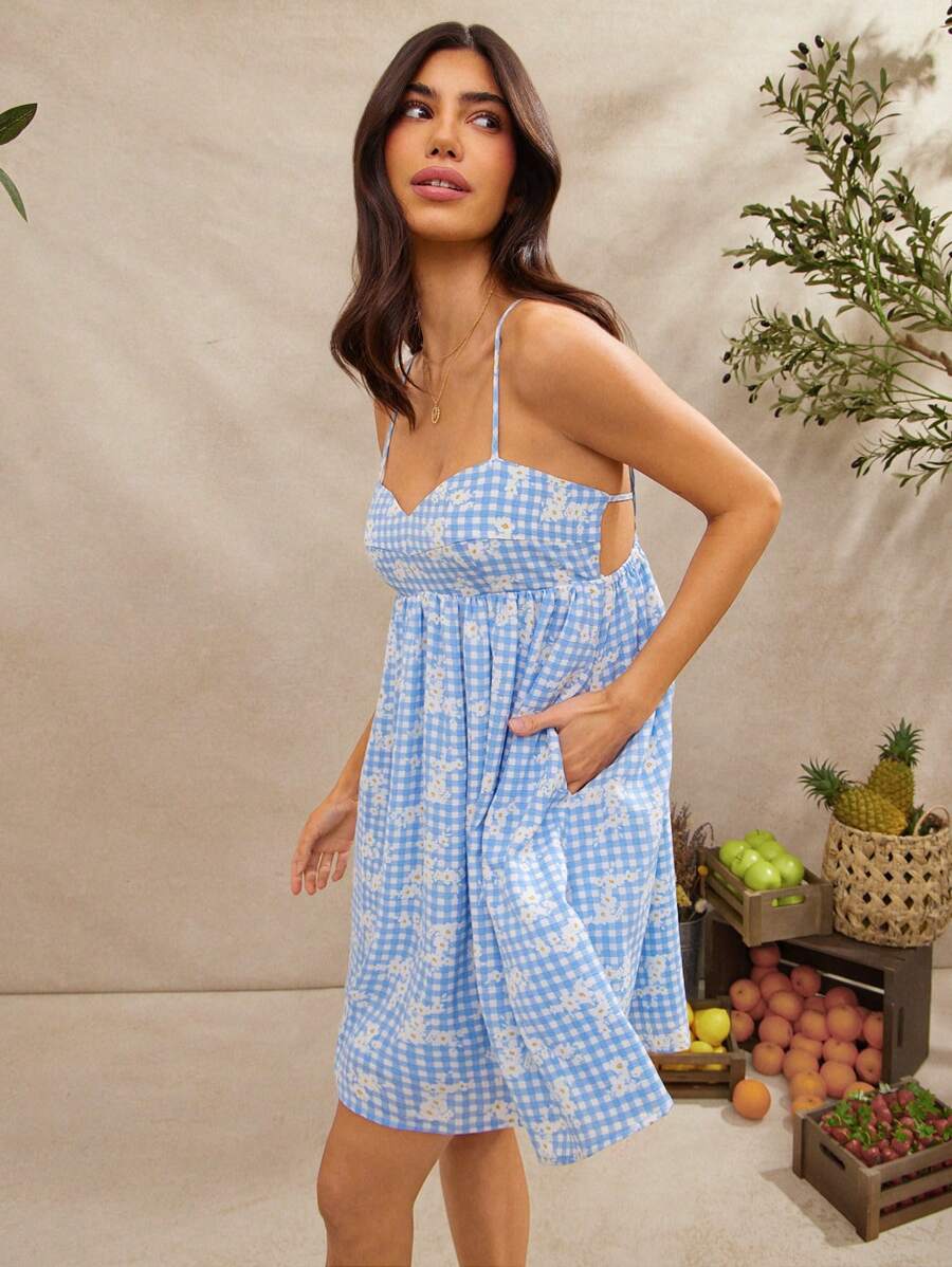 WESTFADE Light Blue Spring Floral Printed Gingham Sweetheart Neck Cute Bow Tie Cut Out Back Cami Babydoll Dress With Pockets Casual Beach Vacation - Baby Blue - View 1